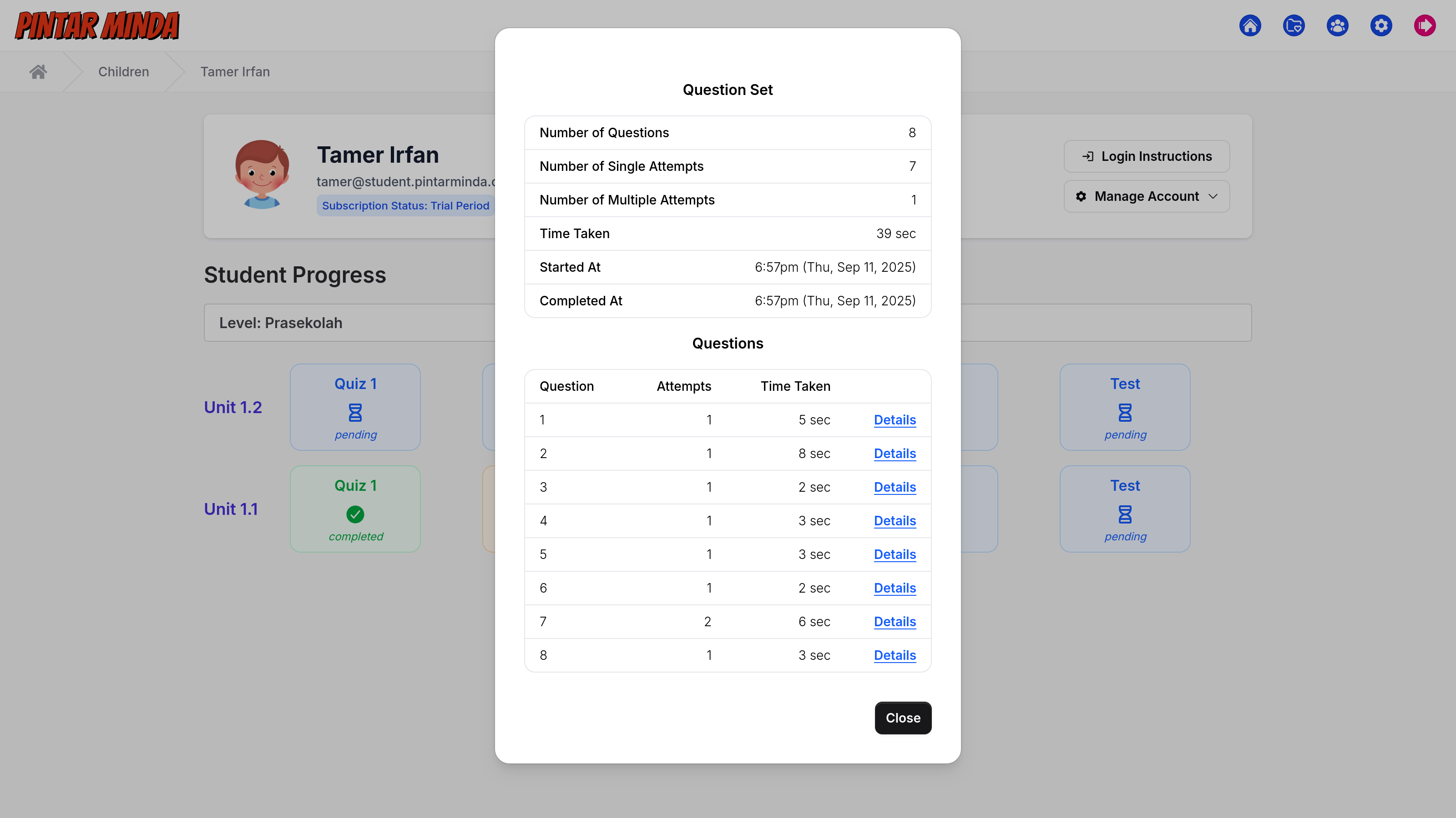 Student Exercise Assessment Details
